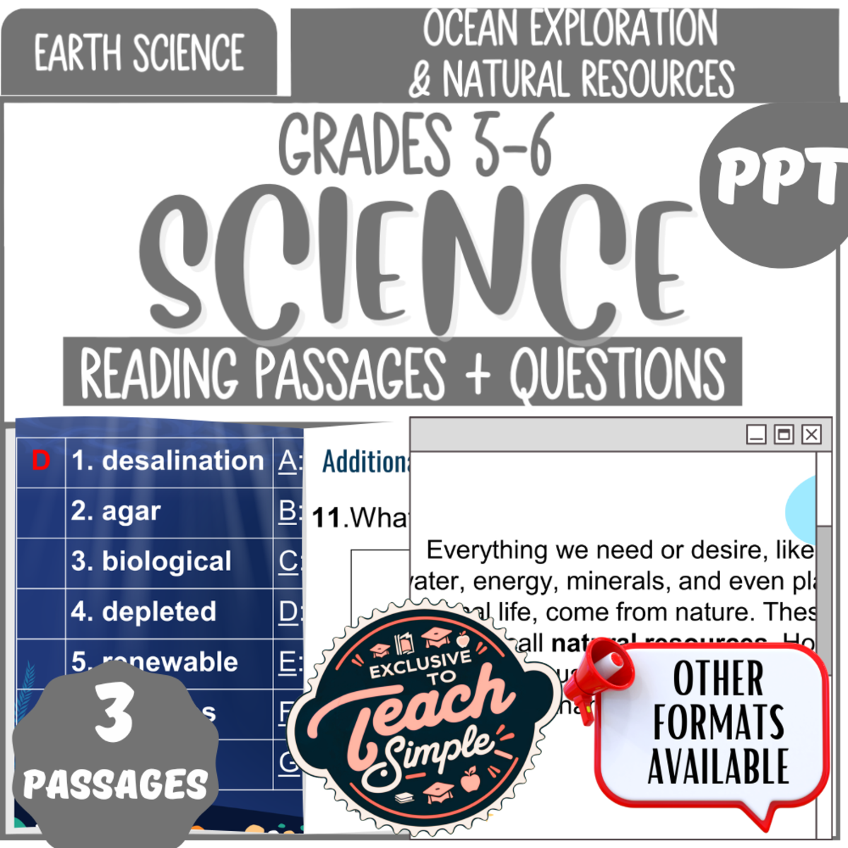 An educational teaching resource from Cored Education entitled Science Comprehension on Ocean Exploration and Natural Resources (PPT) downloadable at Teach Simple.