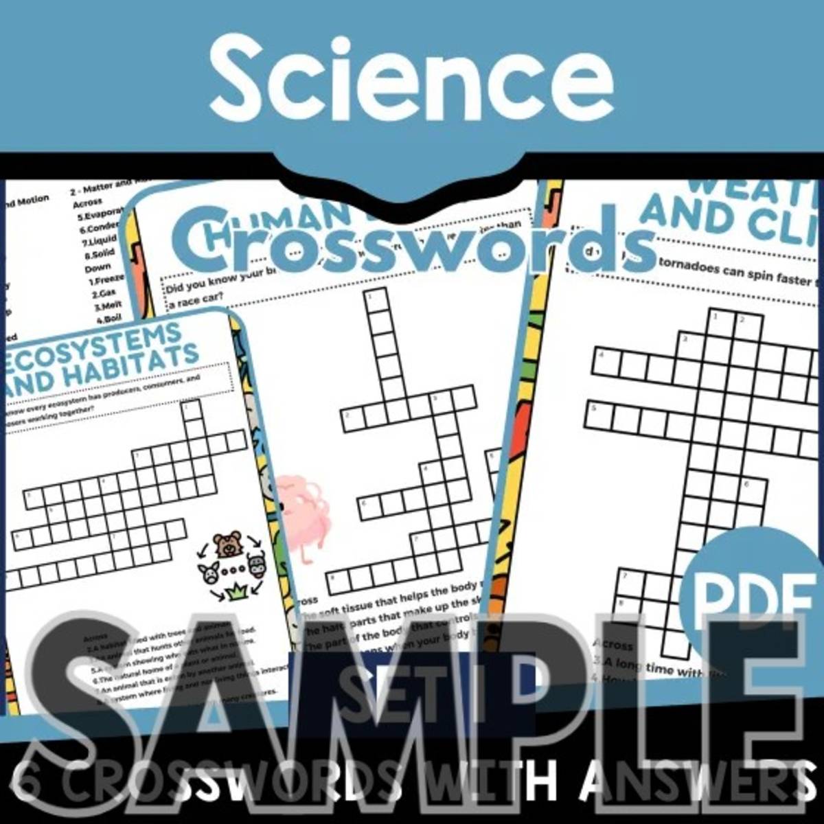An educational teaching resource from Cored Education entitled Science Crossword - Set 1: 1 Page Sample (PDF) downloadable at Teach Simple.