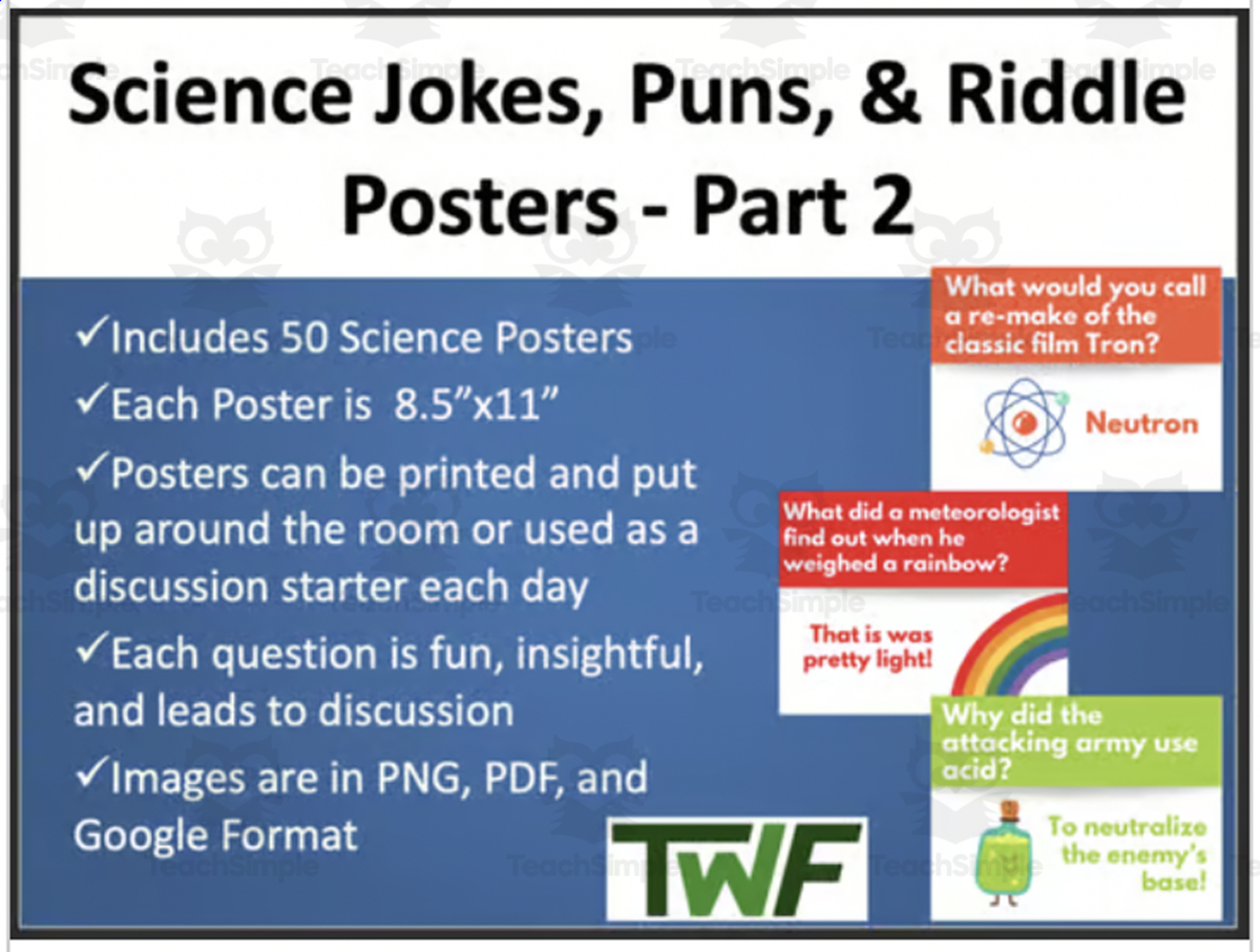 An educational teaching resource from Teach With Fergy entitled Science Humor Galore: 50 Engaging Posters for Classroom Fun downloadable at Teach Simple.