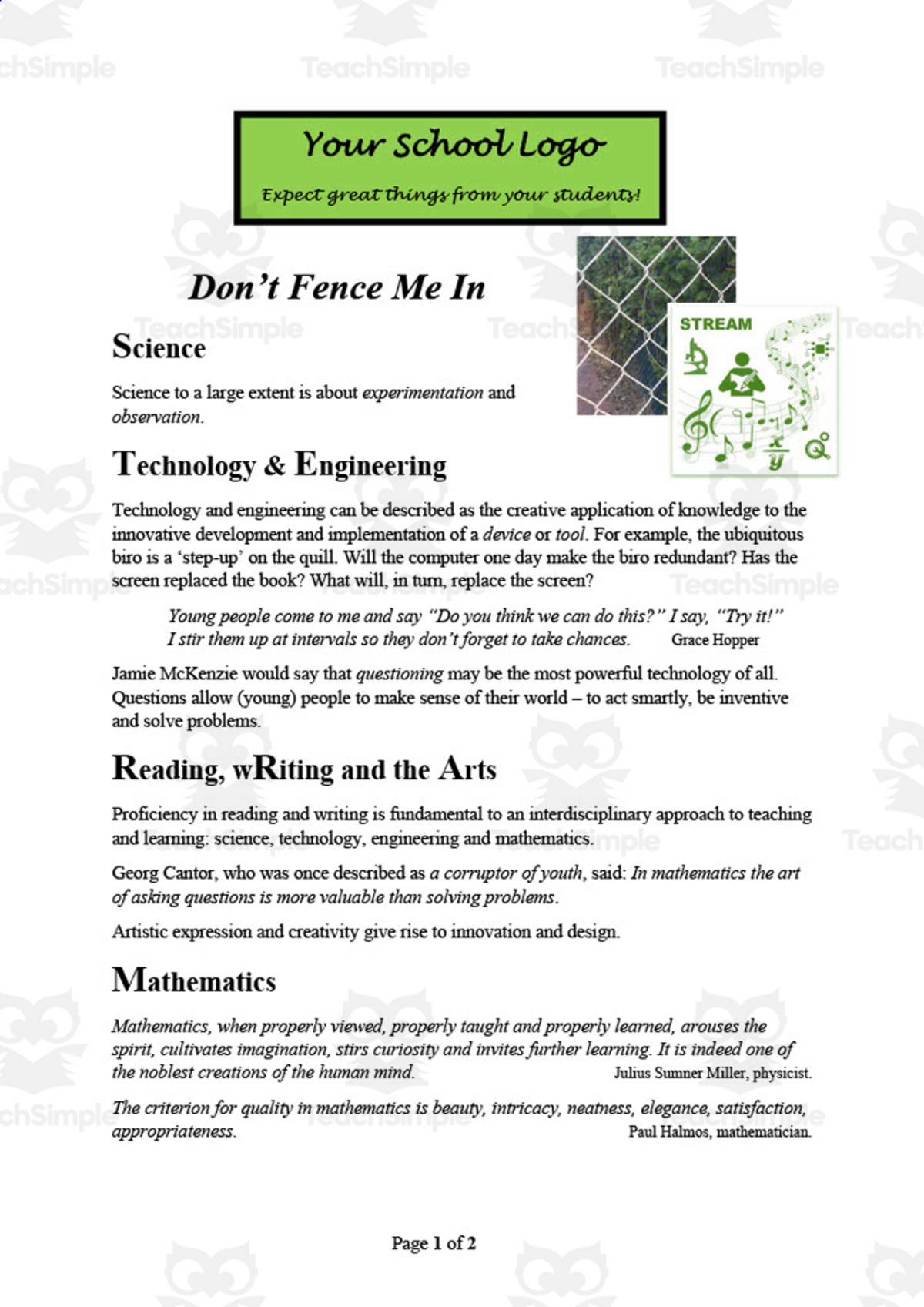 An educational teaching resource from So, what if ... by Ian F Hailes entitled Science Problem Solving & Investigation - Don't Fence Me In Science Worksheet downloadable at Teach Simple.