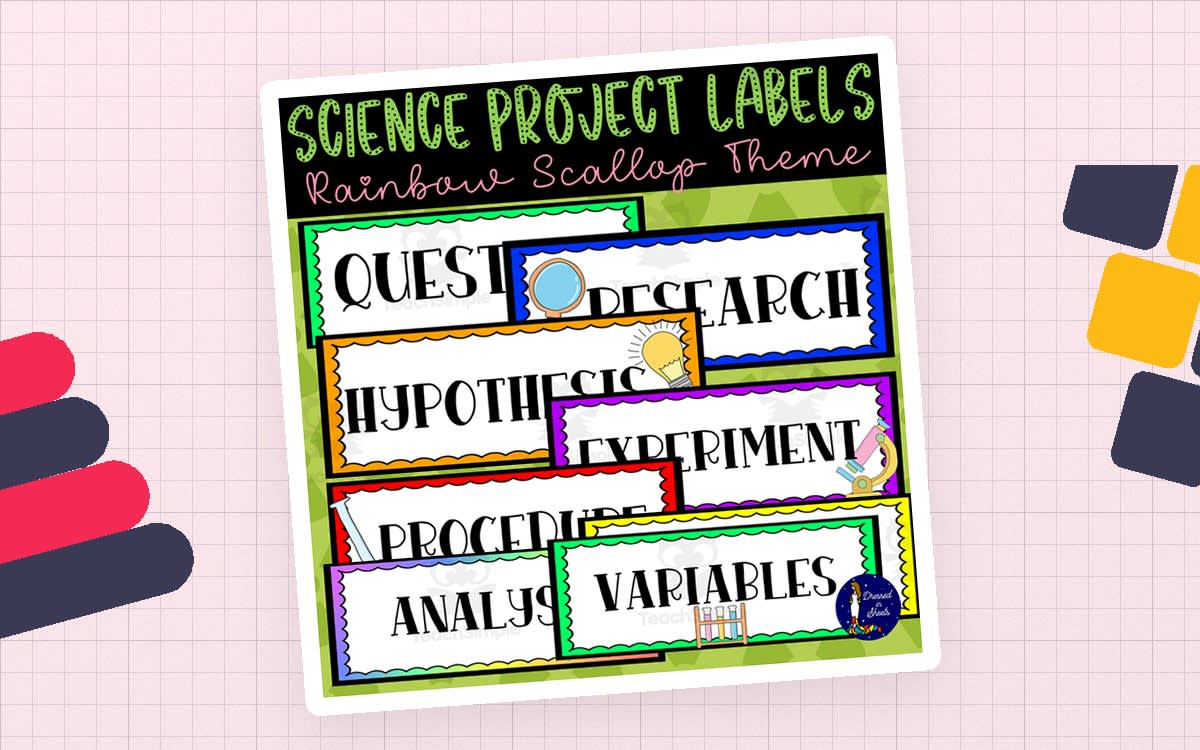 An educational teaching resource from Soumara Siddiqui entitled Science Project Labels Rainbow Scallop Theme downloadable at Teach Simple.