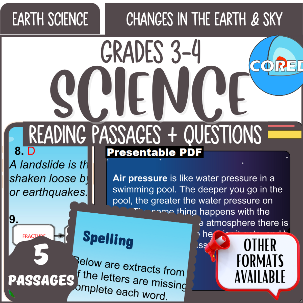 An educational teaching resource from Cored Education entitled Science Reading Changes in the Earth and Sky (Presentable PDF) downloadable at Teach Simple.