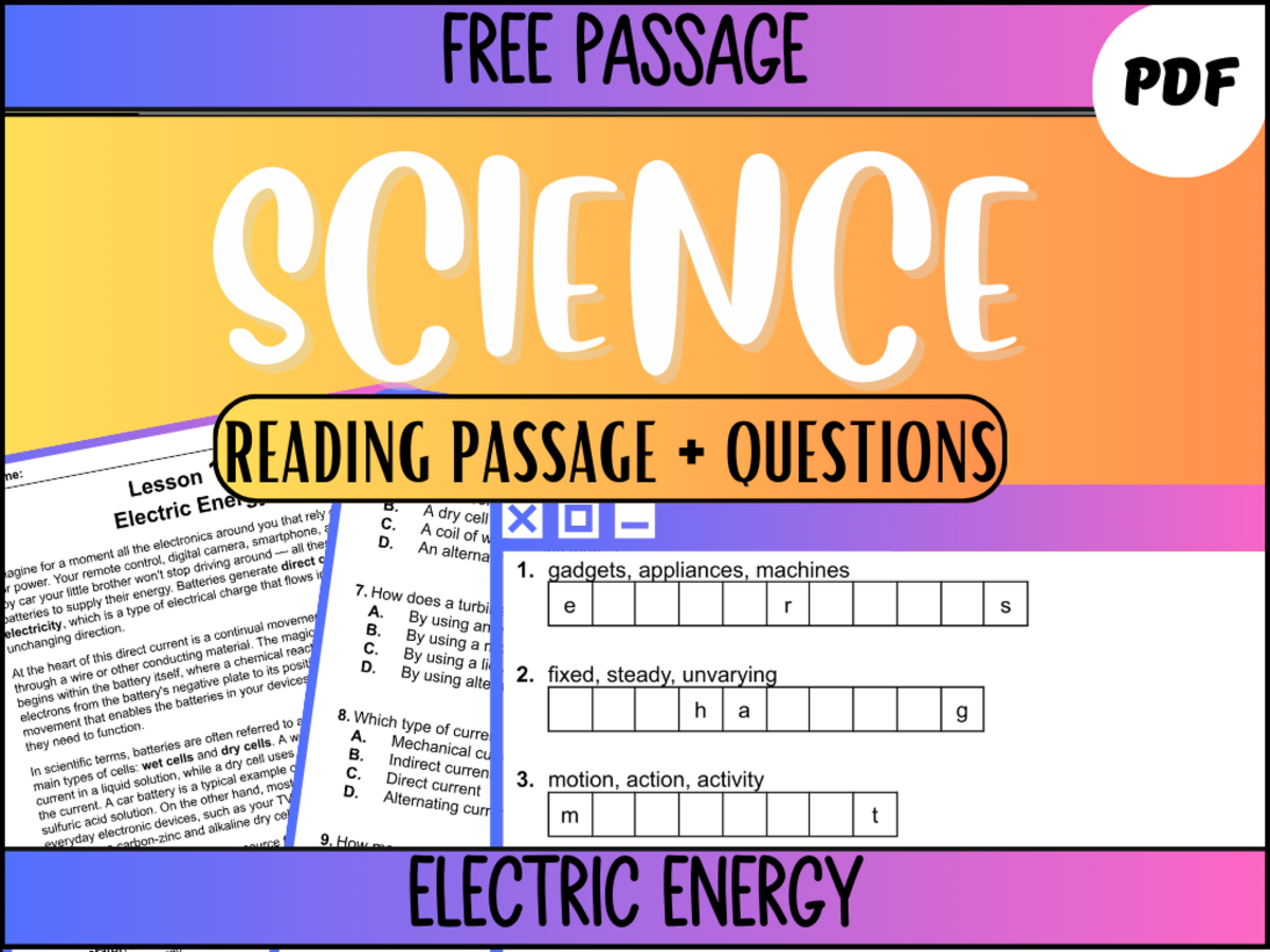 An educational teaching resource from Cored Education entitled Science Reading Comprehension 15: Electric Energy PDF downloadable at Teach Simple.