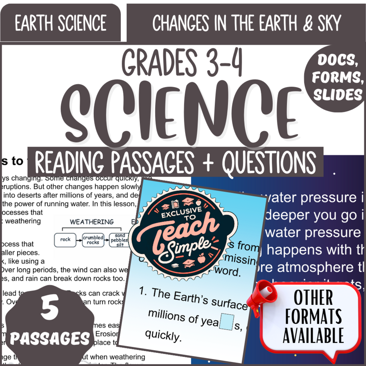 An educational teaching resource from Cored Education entitled Science Reading Comprehension Changes in the Earth & Sky Google Drive downloadable at Teach Simple.