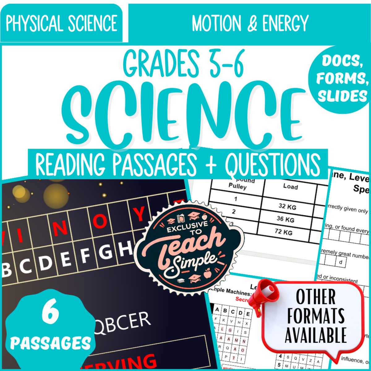 An educational teaching resource from Cored Education entitled Science Reading Comprehension on Motion and Energy (Google Drive) downloadable at Teach Simple.