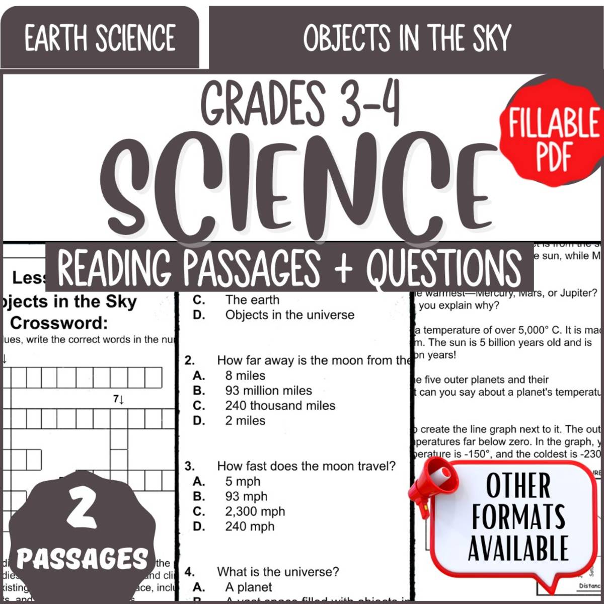 An educational teaching resource from Cored Education entitled Science Reading Comprehension on Objects in the Sky (Fillable PDF) downloadable at Teach Simple.