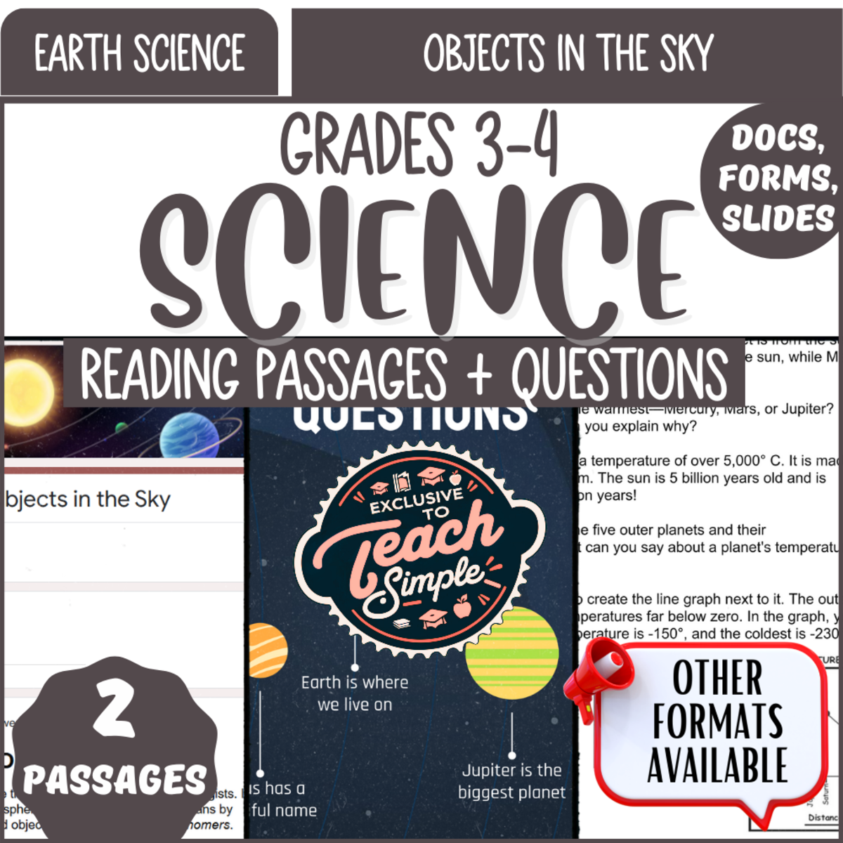 An educational teaching resource from Cored Education entitled Science Reading Comprehension on Objects in the Sky (Google Drive) downloadable at Teach Simple.