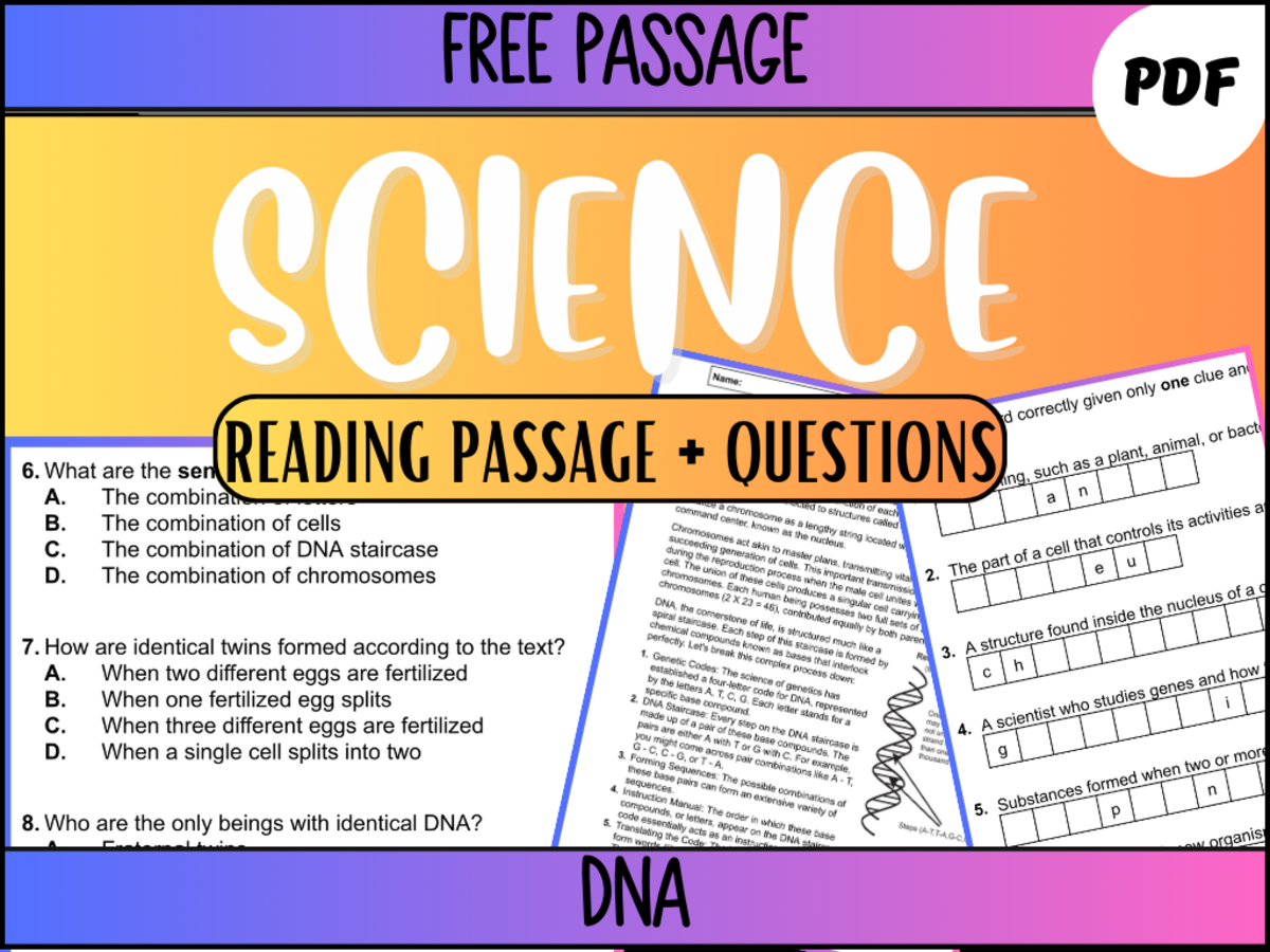 An educational teaching resource from Cored Education entitled Science Reading Comprehension Passage 21: DNA PDF downloadable at Teach Simple.