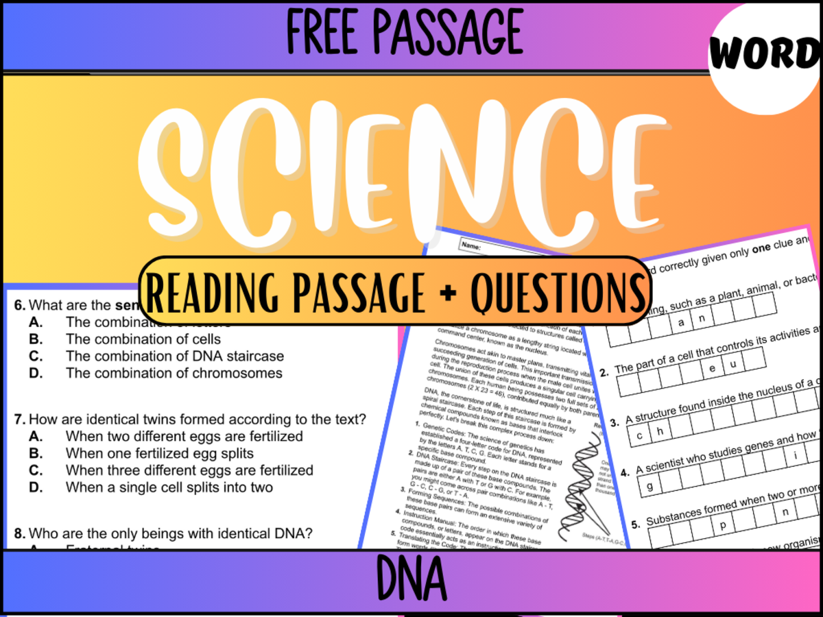 An educational teaching resource from Cored Education entitled Science Reading Comprehension Passage 21: DNA (Word) downloadable at Teach Simple.