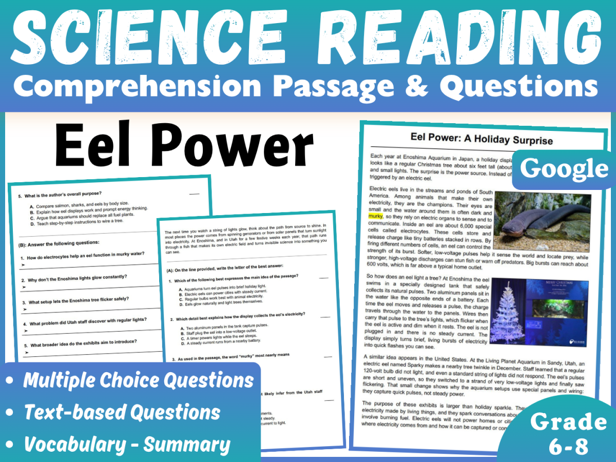 An educational teaching resource from CORED Education - Middle & High School entitled Science Reading Comprehension Passage: Eel Power (Docs) downloadable at Teach Simple.
