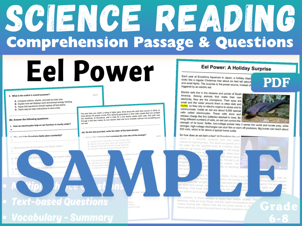 An educational teaching resource from CORED Education - Middle & High School entitled Science Reading Comprehension Passage: Eel Power. SAMPLE downloadable at Teach Simple.