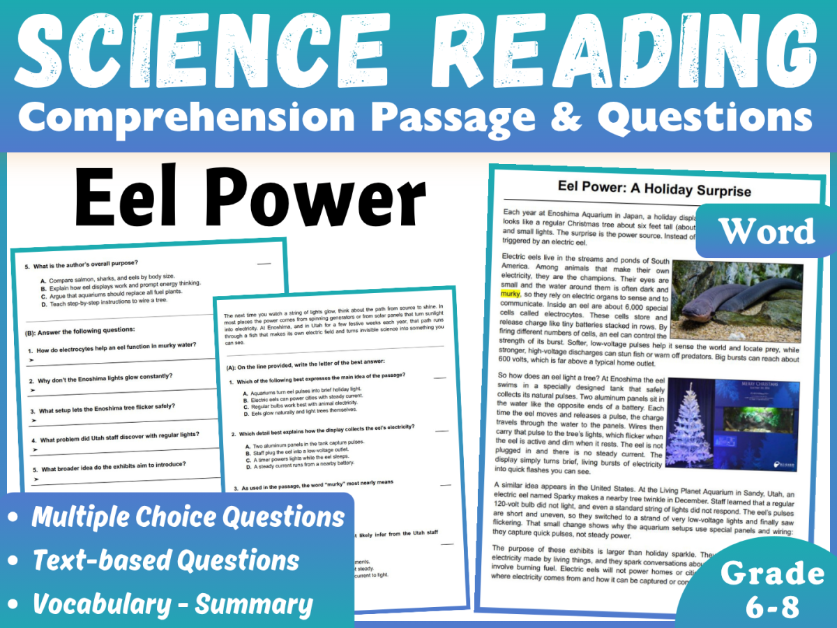 An educational teaching resource from CORED Education - Middle & High School entitled Science Reading Comprehension Passage: Eel Power (Word) downloadable at Teach Simple.