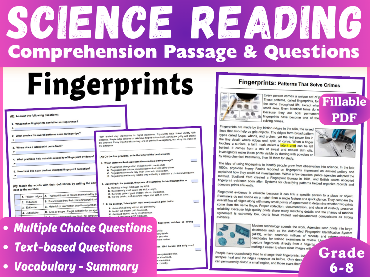 An educational teaching resource from CORED Education - Middle & High School entitled Science Reading Comprehension Passage: Fingerprints (Fillable PDF) downloadable at Teach Simple.