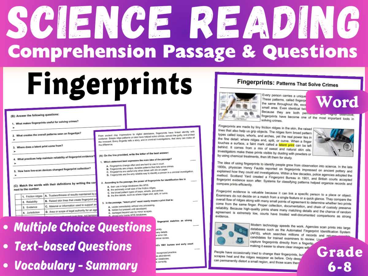 An educational teaching resource from CORED Education - Middle & High School entitled Science Reading Comprehension Passage: Fingerprints (Word) downloadable at Teach Simple.