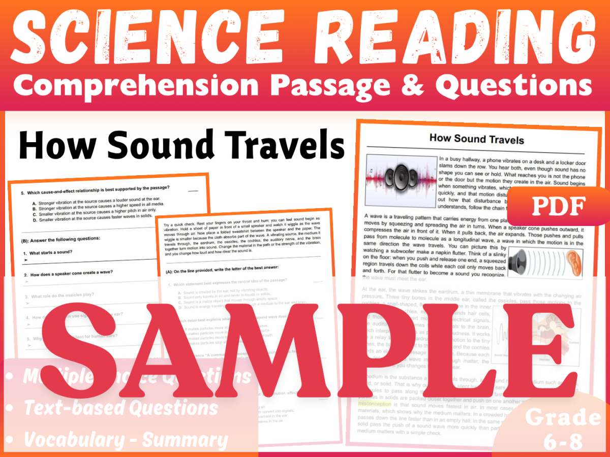 An educational teaching resource from CORED Education - Middle & High School entitled Science Reading Comprehension Passage: How Sound Travels. SAMPLE downloadable at Teach Simple.