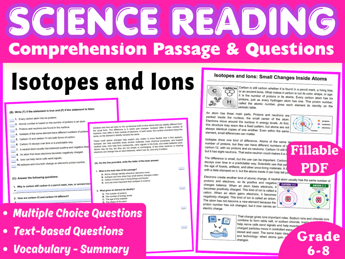 An educational teaching resource from Middle & High School - CORED Education entitled Science Reading Comprehension Passage: Isotopes & Ions (Fillable PDF) downloadable at Teach Simple.