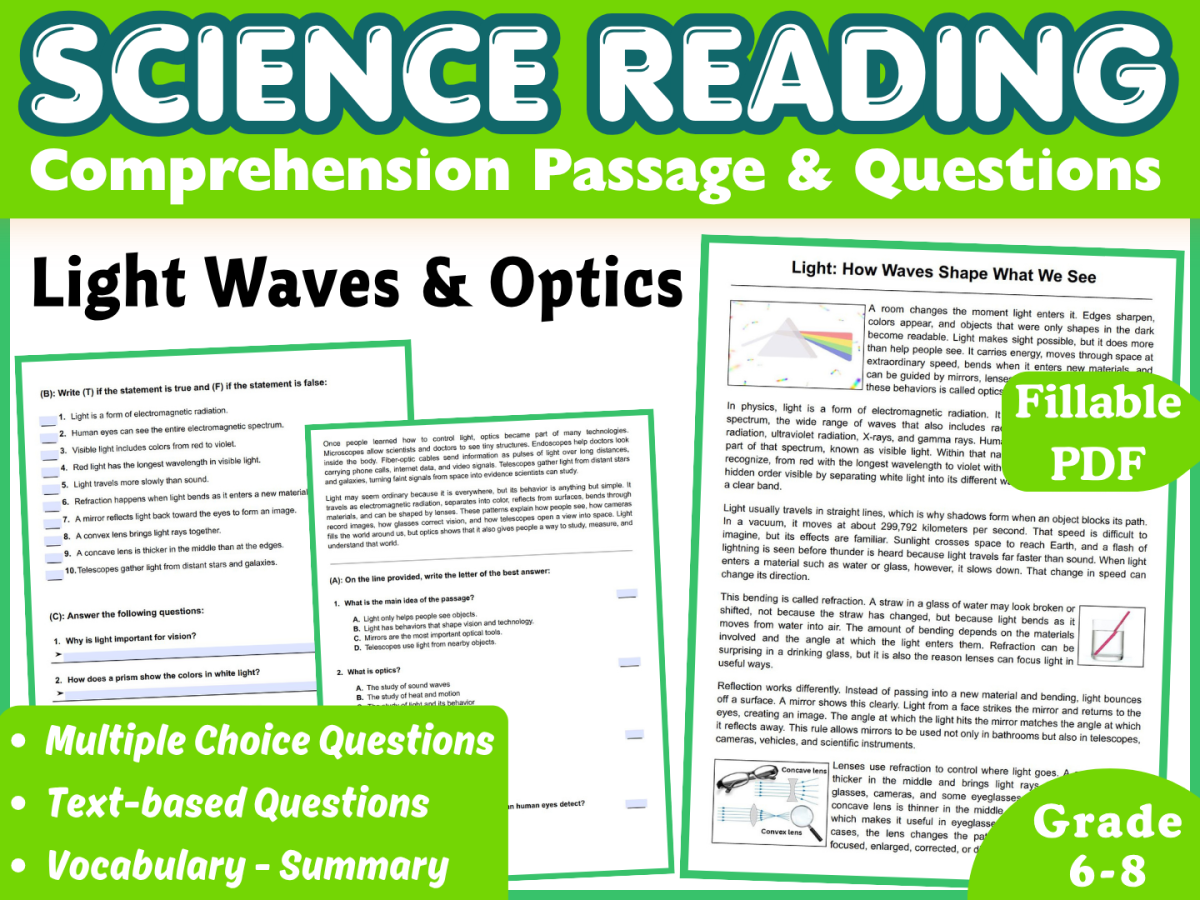 An educational teaching resource from Middle & High School - CORED Education entitled Science Reading Comprehension Passage: Light & Optics (Fillable PDF) downloadable at Teach Simple.