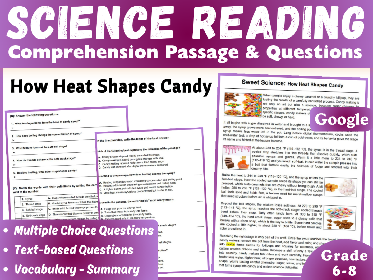 An educational teaching resource from CORED Education - Middle & High School entitled Science Reading Comprehension Passage: Making Candy (Docs) downloadable at Teach Simple.