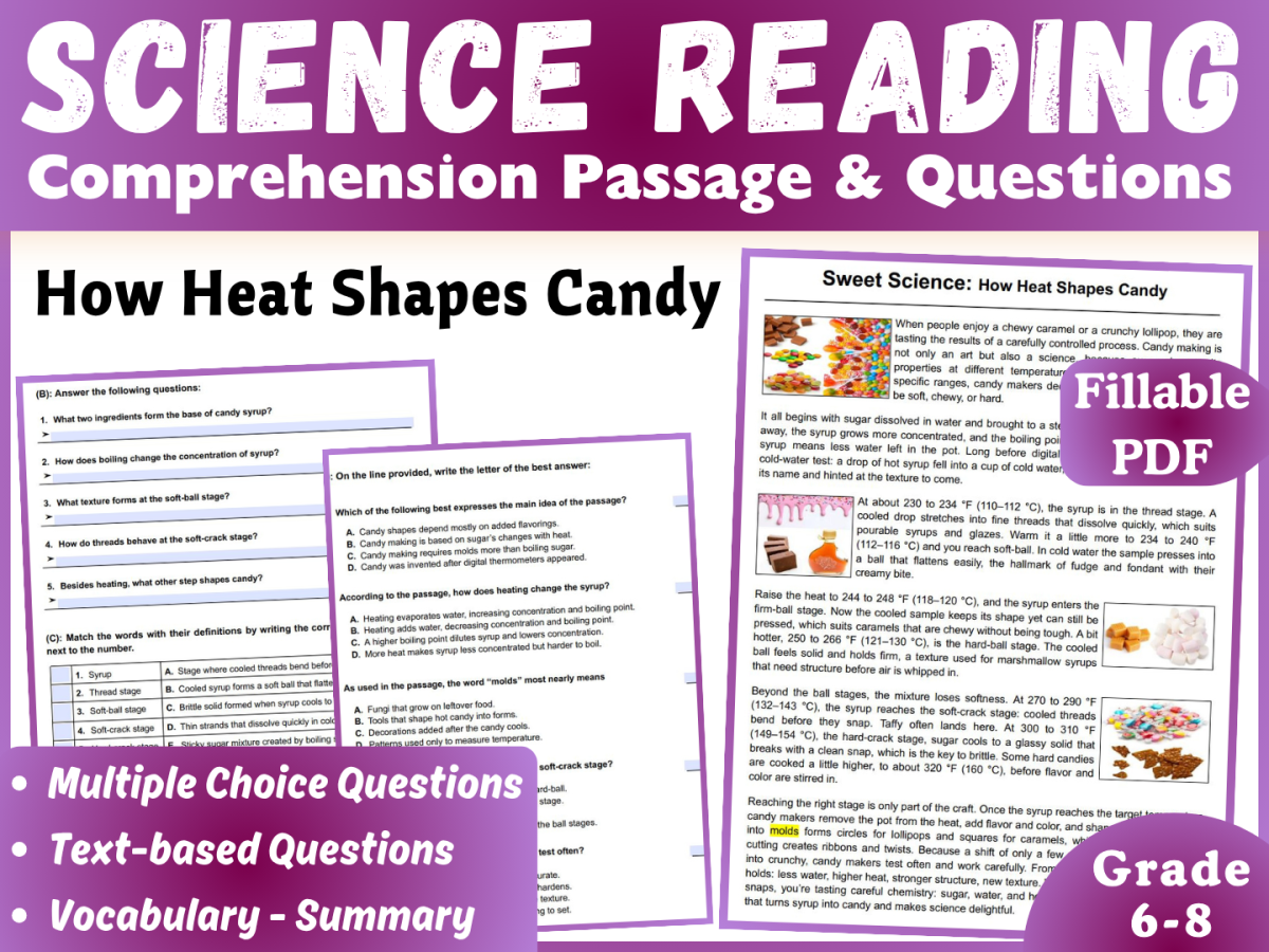 An educational teaching resource from CORED Education - Middle & High School entitled Science Reading Comprehension Passage: Making Candy (Fillable PDF) downloadable at Teach Simple.