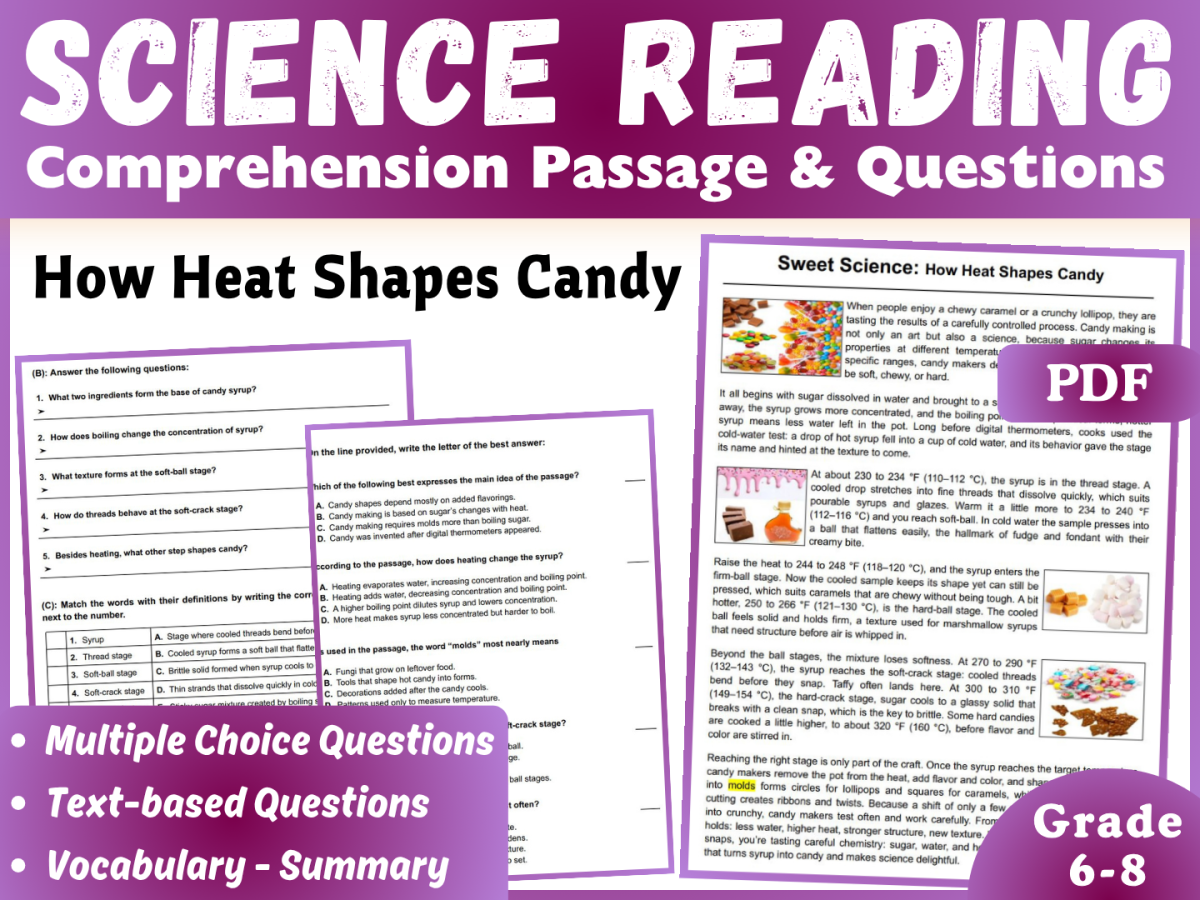 An educational teaching resource from CORED Education - Middle & High School entitled Science Reading Comprehension Passage: Making Candy (PDF) downloadable at Teach Simple.