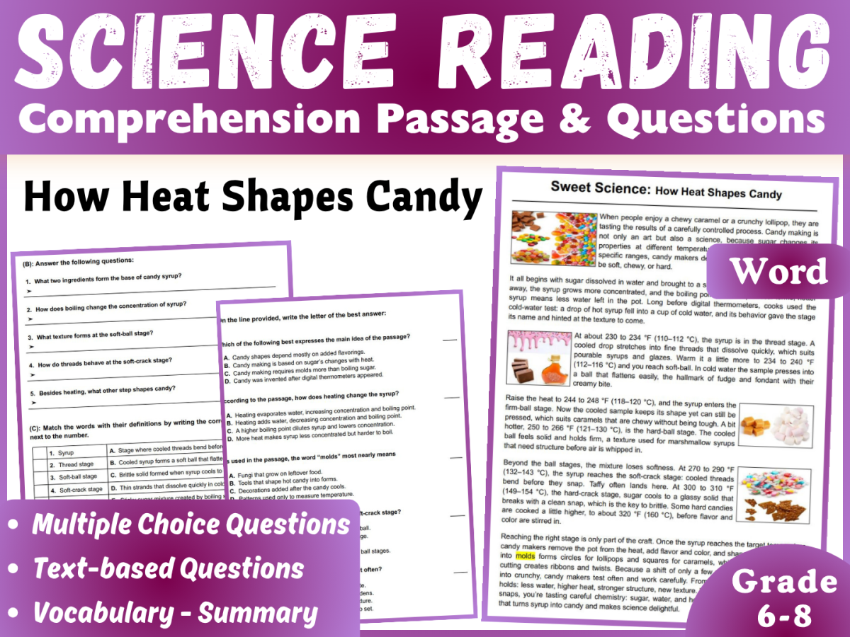 An educational teaching resource from CORED Education - Middle & High School entitled Science Reading Comprehension Passage: Making Candy (Word) downloadable at Teach Simple.
