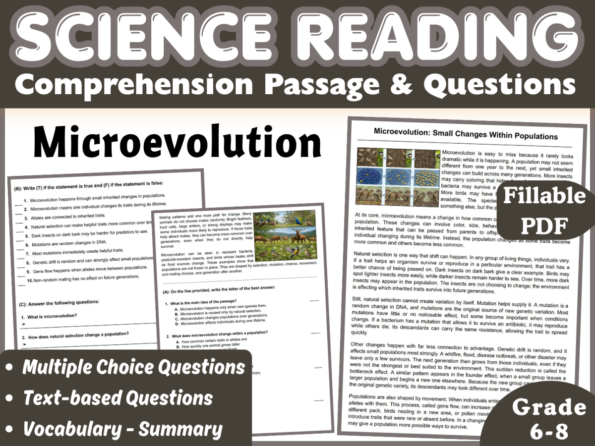 An educational teaching resource from CORED Education - Middle & High School entitled Science Reading Comprehension Passage: Microevolution (Fillable PDF) downloadable at Teach Simple.