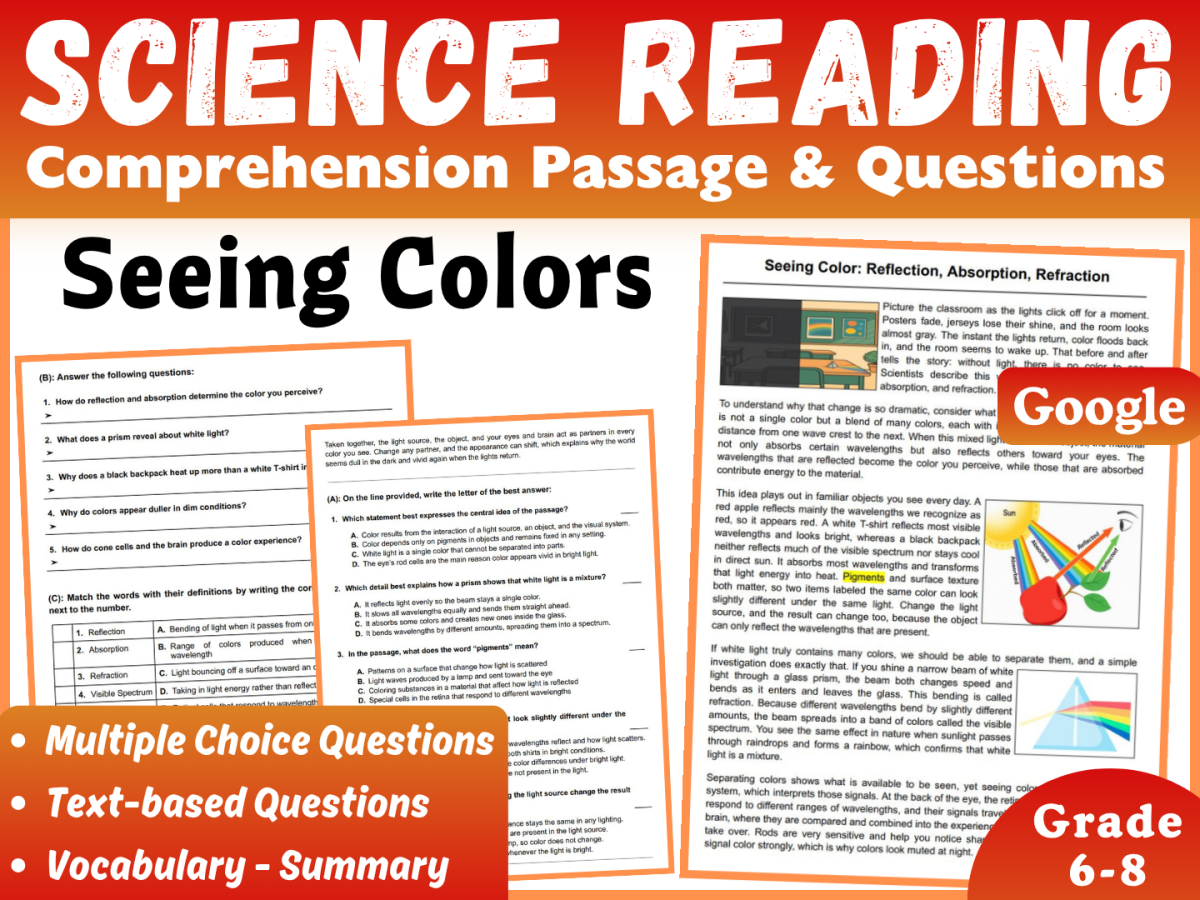 An educational teaching resource from CORED Education - Middle & High School entitled Science Reading Comprehension Passage: Seeing Color (Docs) downloadable at Teach Simple.