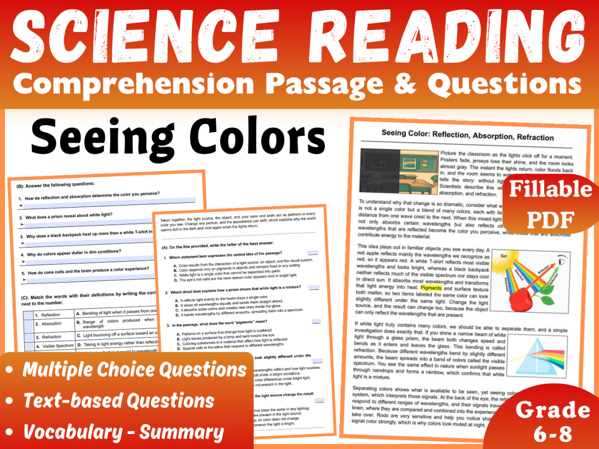 An educational teaching resource from CORED Education - Middle & High School entitled Science Reading Comprehension Passage: Seeing Color (Fillable PDF) downloadable at Teach Simple.