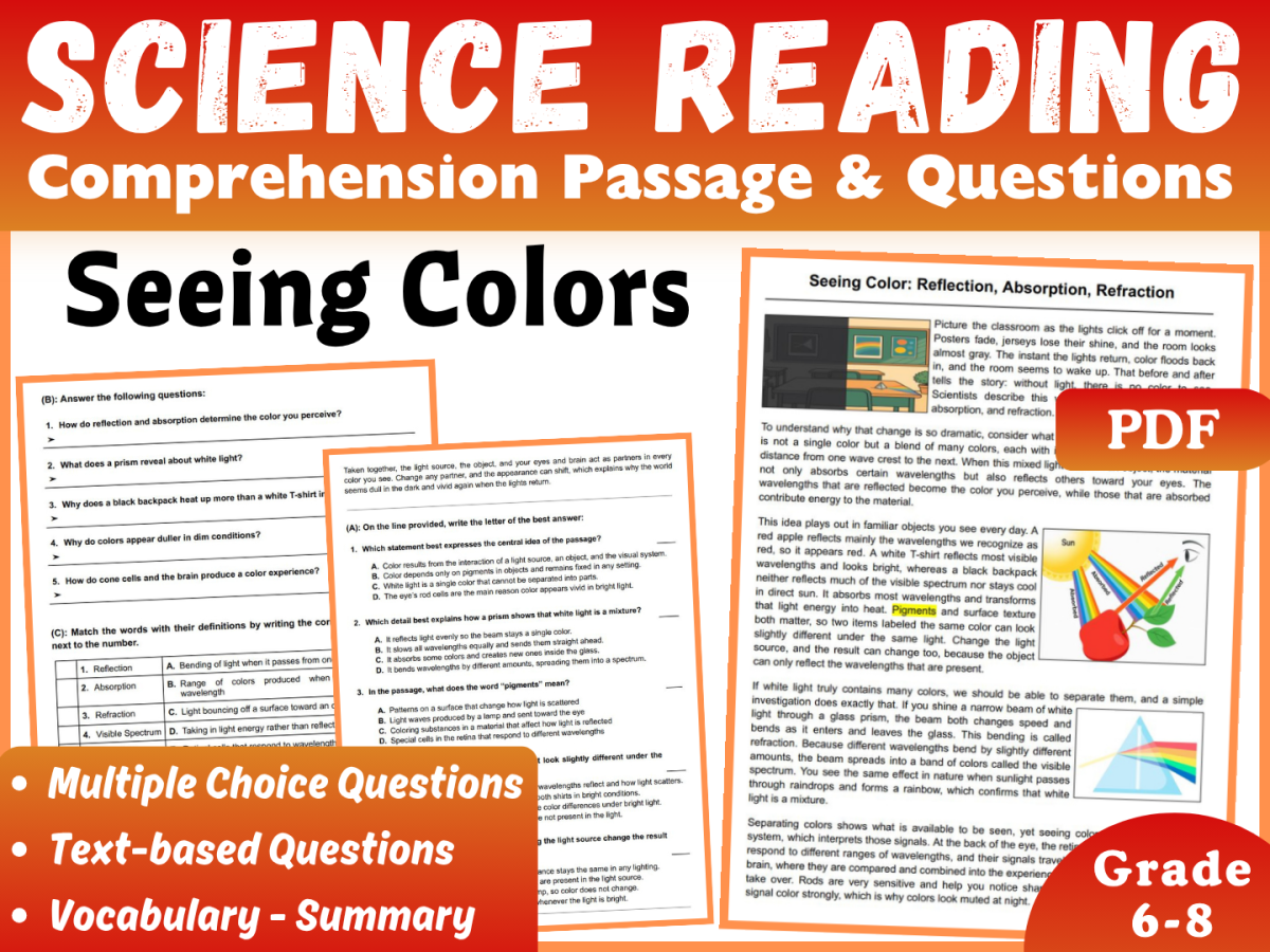 An educational teaching resource from CORED Education - Middle & High School entitled Science Reading Comprehension Passage: Seeing Color (PDF) downloadable at Teach Simple.