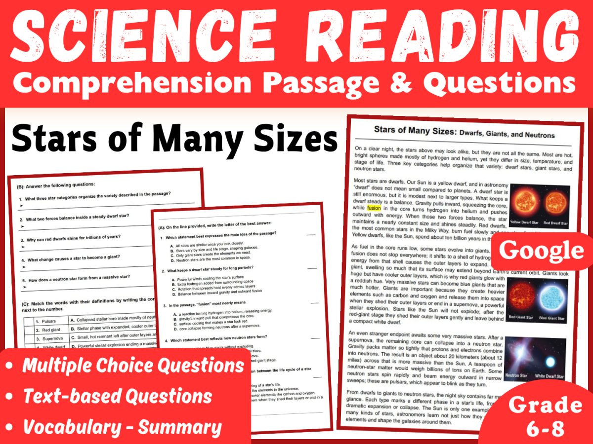An educational teaching resource from CORED Education - Middle & High School entitled Science Reading Comprehension Passage. Stars of Many Sizes (Docs) downloadable at Teach Simple.