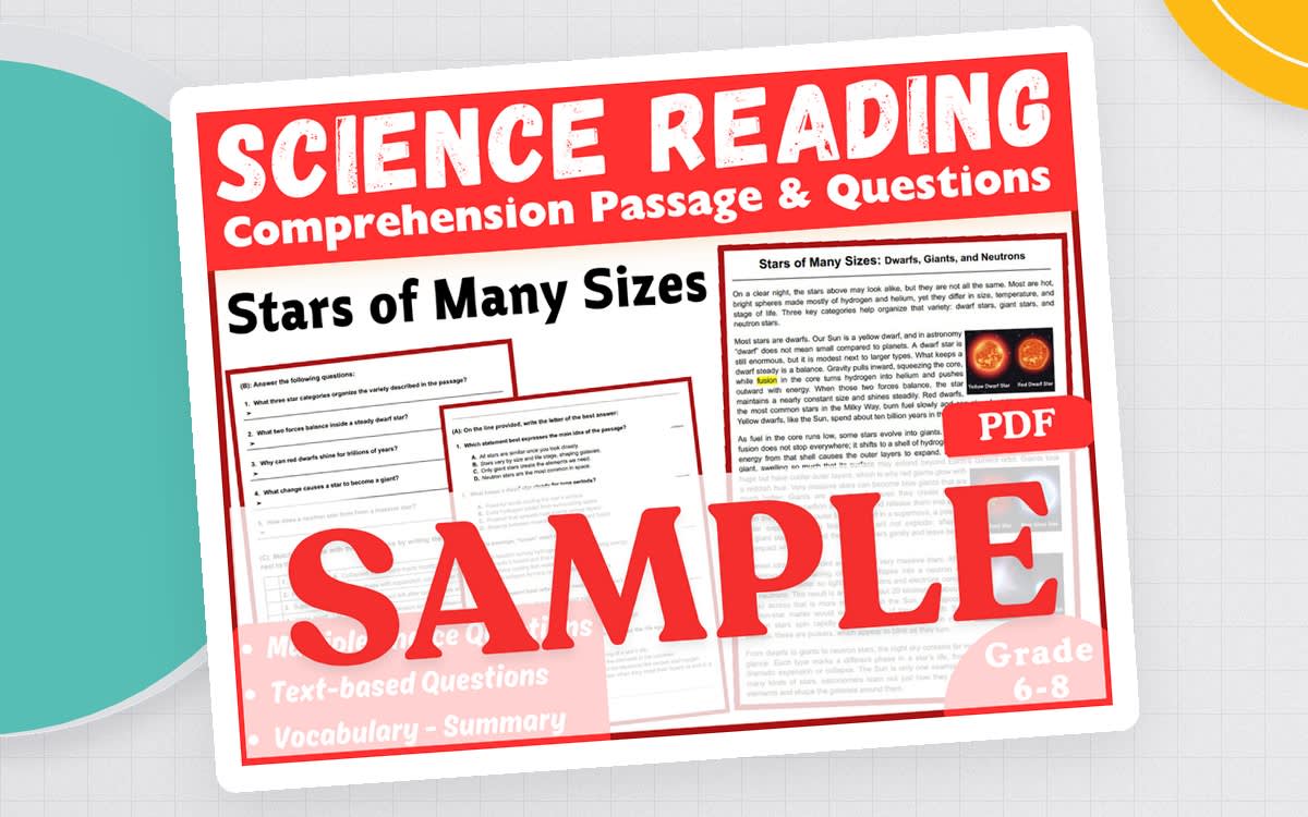 An educational teaching resource from Middle & High School - CORED Education entitled Science Reading Comprehension Passage. Stars of Many Sizes. SAMPLE downloadable at Teach Simple.
