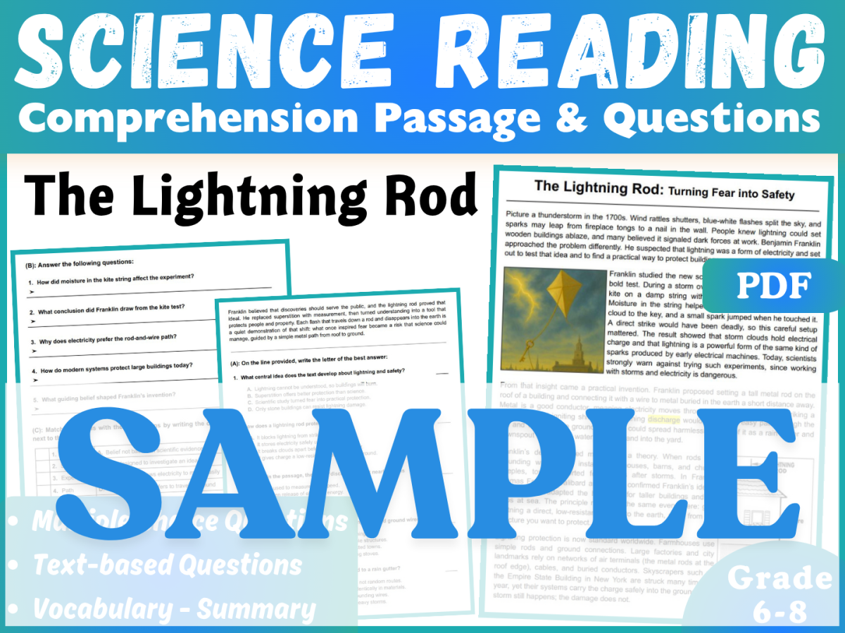 An educational teaching resource from CORED Education - Middle & High School entitled Science Reading Comprehension Passage: The Lightning Rod. SAMPLE downloadable at Teach Simple.