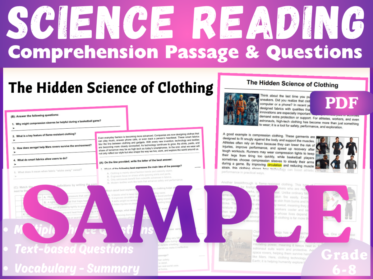An educational teaching resource from CORED Education - Middle & High School entitled Science Reading Comprehension Passage: The Science of Clothing. SAMPLE downloadable at Teach Simple.