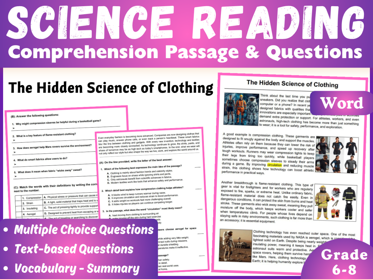 An educational teaching resource from CORED Education - Middle & High School entitled Science Reading Comprehension Passage: The Science of Clothing (Word) downloadable at Teach Simple.