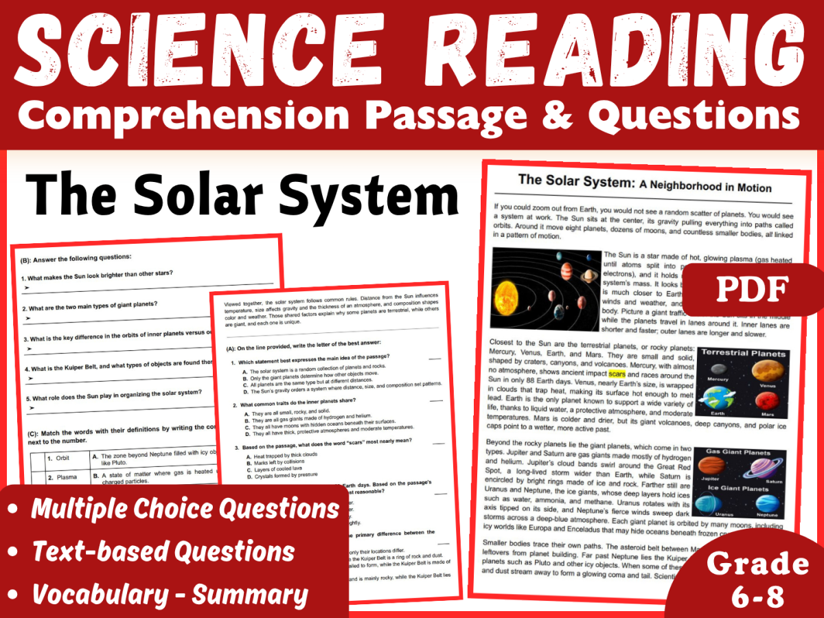 An educational teaching resource from CORED Education - Middle & High School entitled Science Reading Comprehension Passage. The Solar System (PDF) downloadable at Teach Simple.