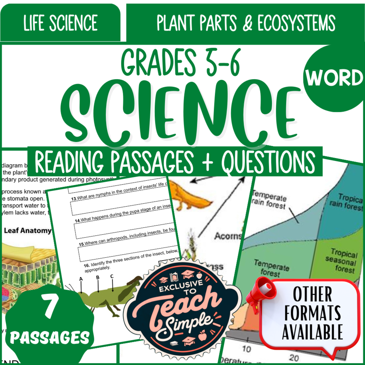 An educational teaching resource from Cored Education entitled Science Reading Comprehension: Plant Parts and Ecosystems (Word) downloadable at Teach Simple.