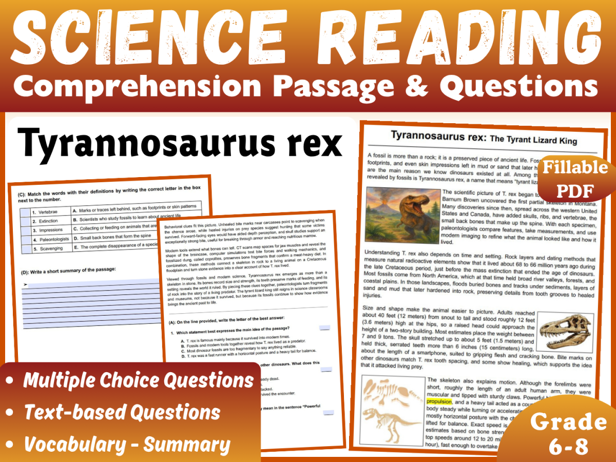 An educational teaching resource from CORED Education - Middle & High School entitled Science Reading Passage: The Dinosaur Tyrannosaurus rex (Fillable PDF) downloadable at Teach Simple.