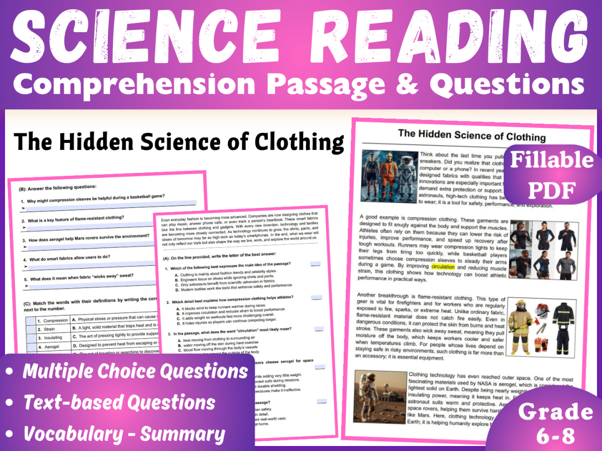 An educational teaching resource from CORED Education - Middle & High School entitled Science Reading Passage: The Science of Clothing (Fillable PDF) downloadable at Teach Simple.