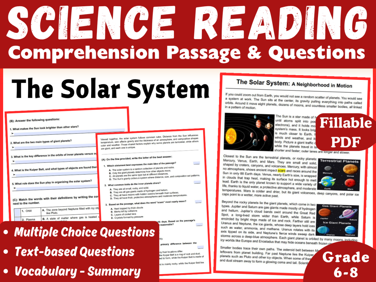 An educational teaching resource from CORED Education - Middle & High School entitled Science Reading Passage. The Solar System (Fillable PDF) downloadable at Teach Simple.