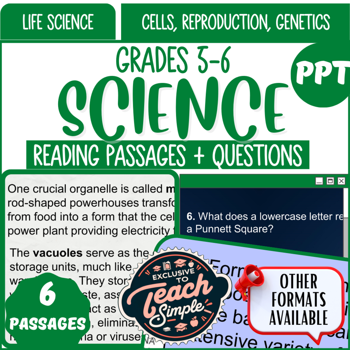 An educational teaching resource from Cored Education entitled Science Reading Passages on Cells, Reproduction and Genetics (PPT) downloadable at Teach Simple.