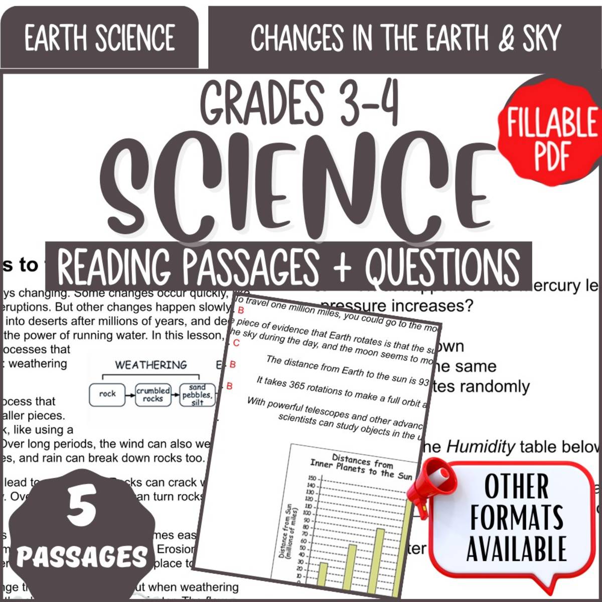An educational teaching resource from Cored Education entitled Science Reading Passages on Changes in the Earth and Sky Fillable PDF downloadable at Teach Simple.