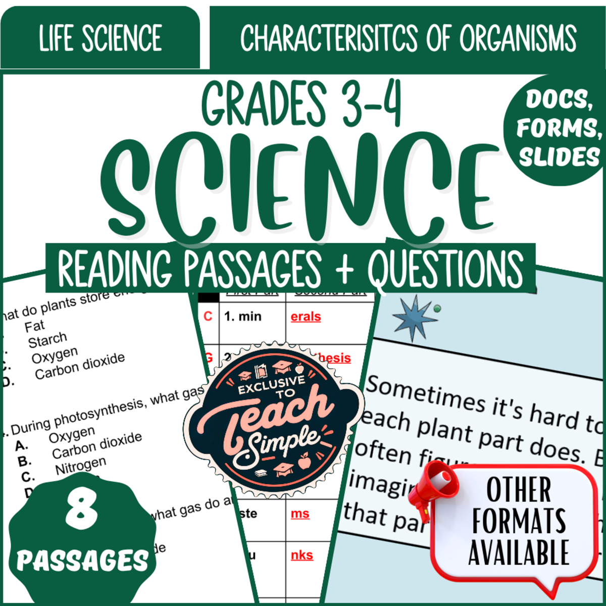 An educational teaching resource from Cored Education entitled Science Reading Passages on Characteristics of Organisms Google Drive downloadable at Teach Simple.