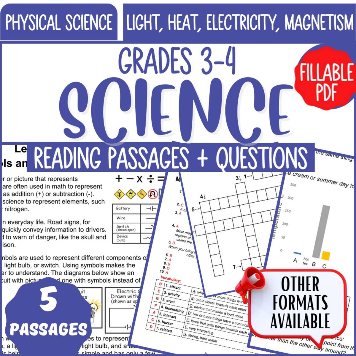 An educational teaching resource from Cored Education entitled Science Reading Passages on Light Heat Electricity Magnetism: Fillable downloadable at Teach Simple.