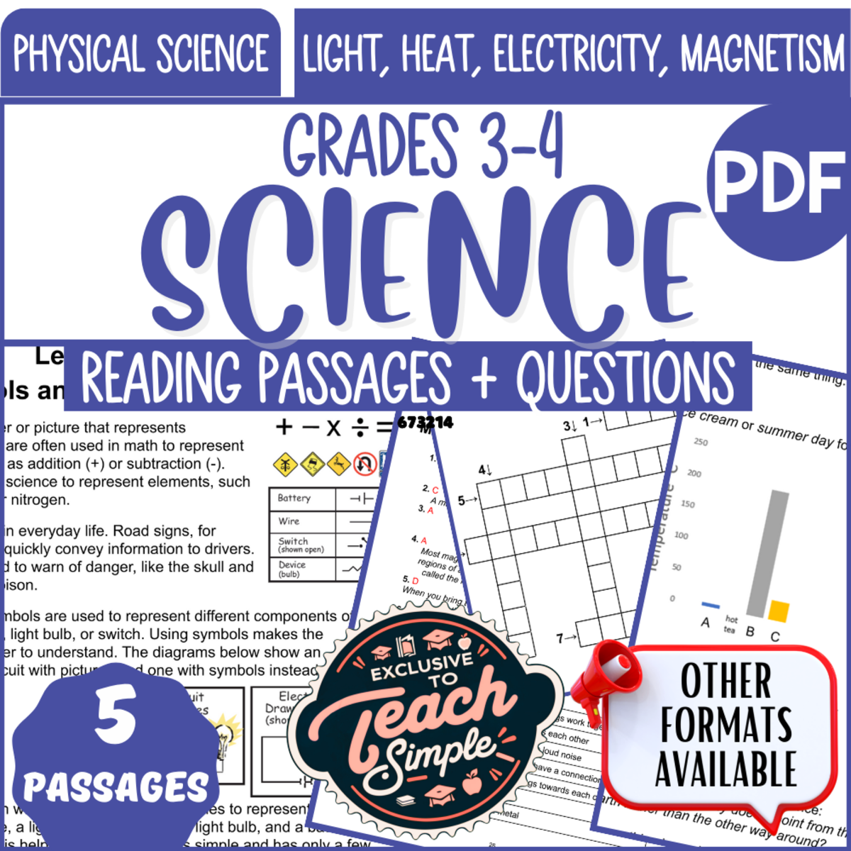 An educational teaching resource from Cored Education entitled Science Reading Passages on Light Heat Electricity Magnetism (PDF) downloadable at Teach Simple.