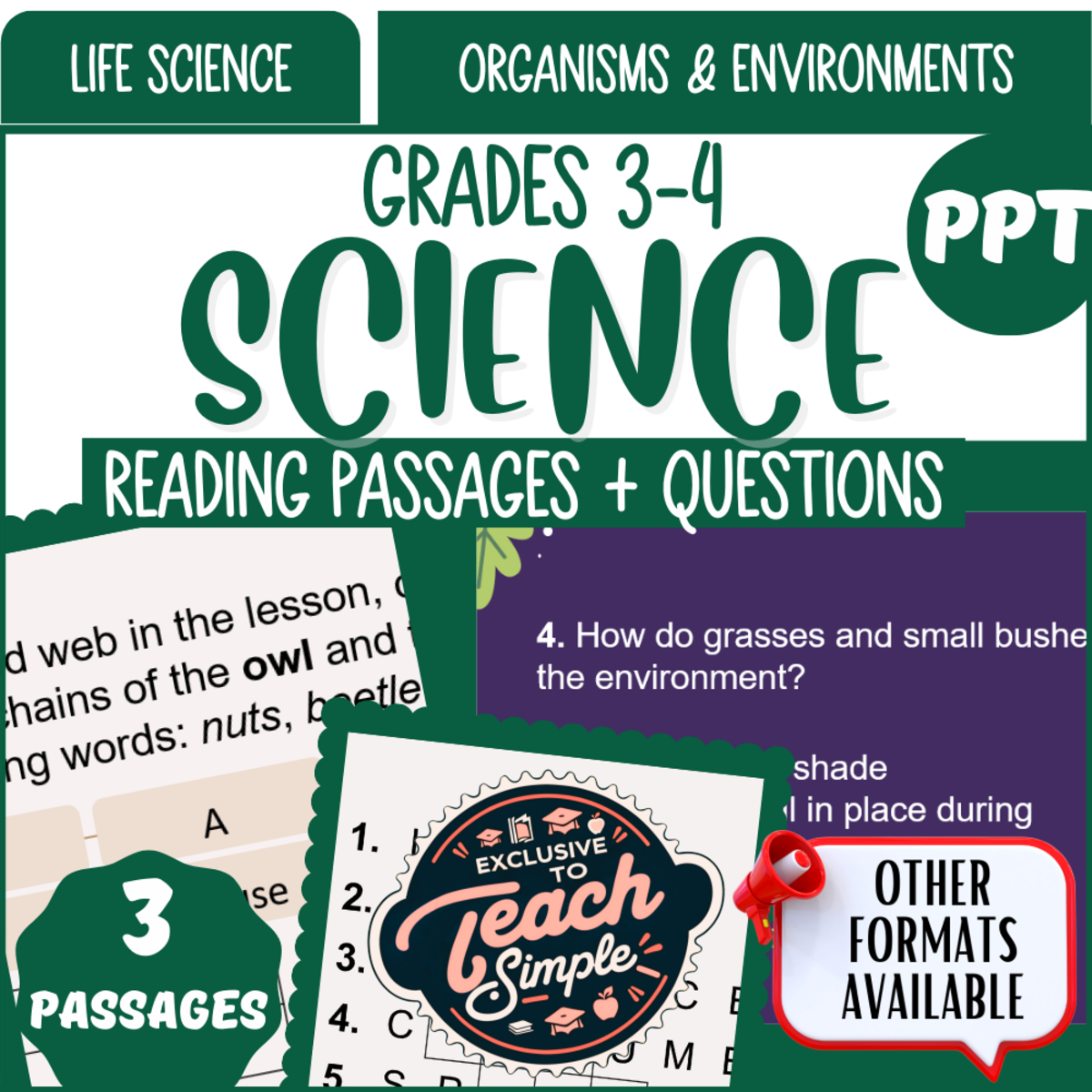 An educational teaching resource from Cored Education entitled Science Reading Passages on Organisms and Environments (PPT) downloadable at Teach Simple.