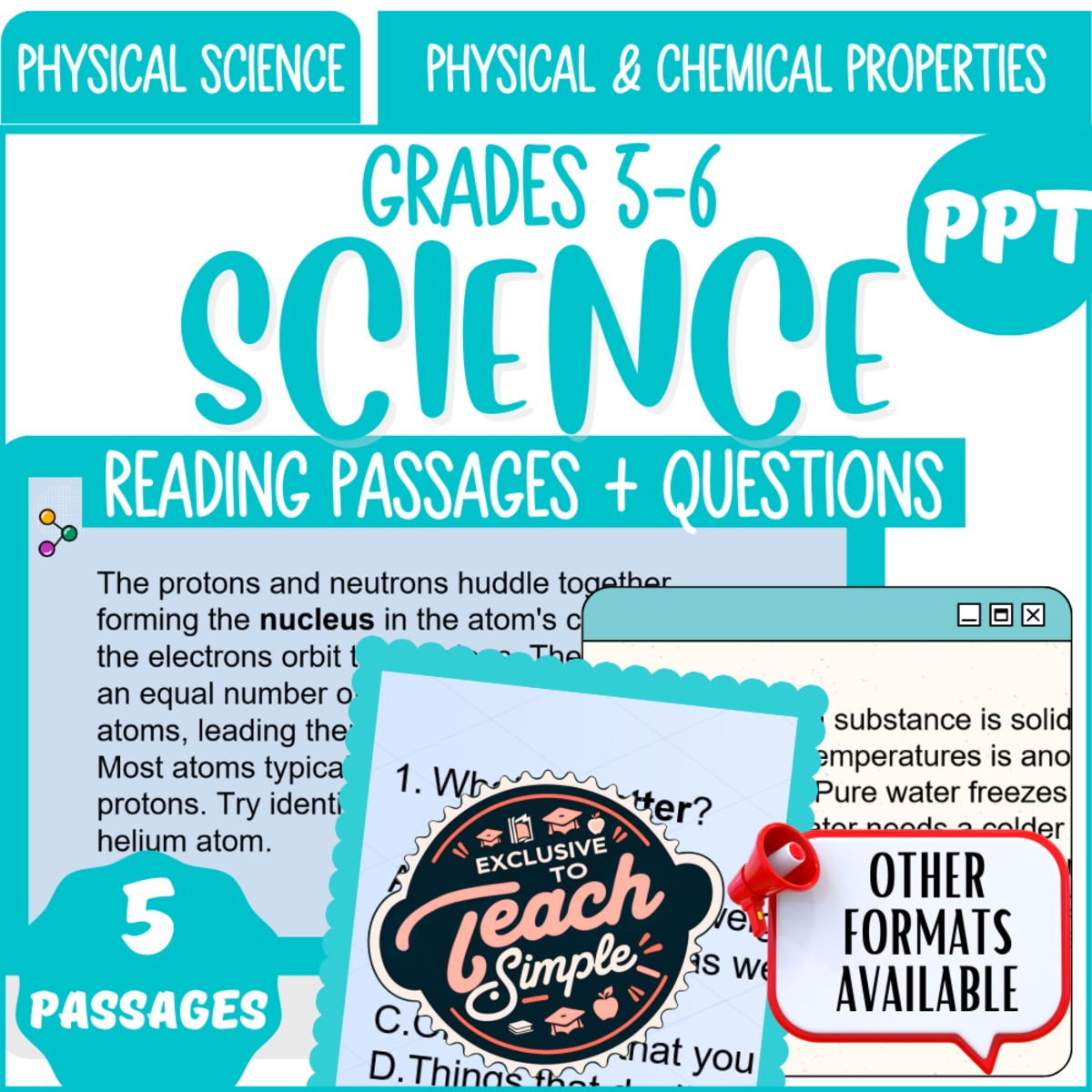 An educational teaching resource from Cored Education entitled Science Reading Passages on Physical and Chemical Properties (PPT) downloadable at Teach Simple.