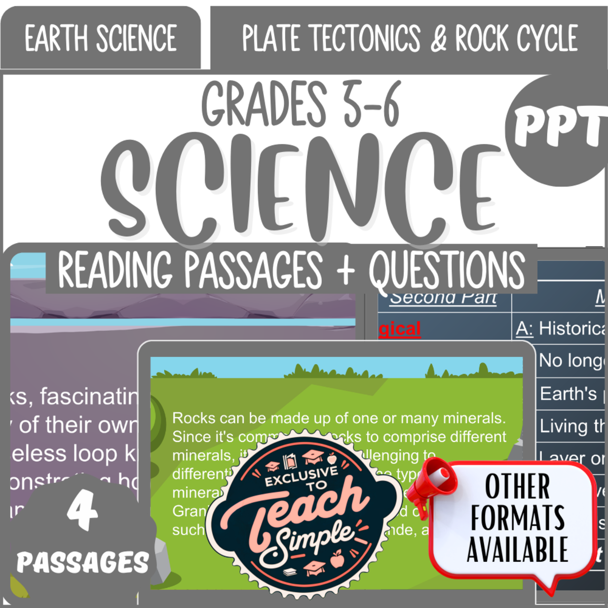 An educational teaching resource from Cored Education entitled Science Reading Passages on Plate Tectonics and Rock Cycle (PPT) downloadable at Teach Simple.