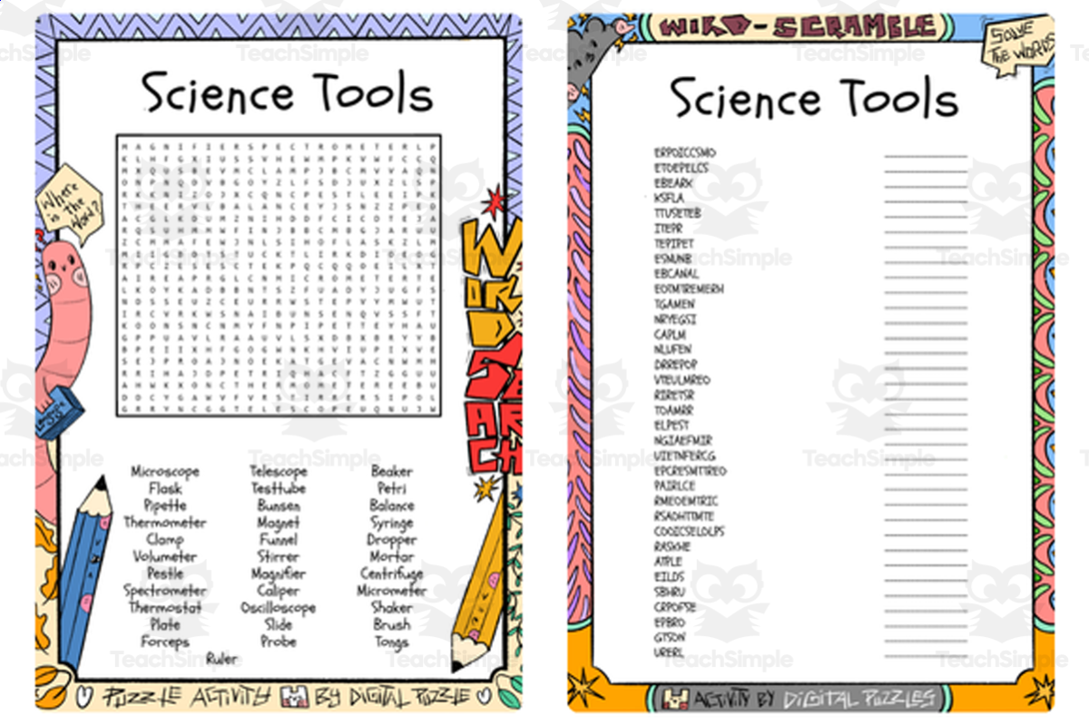 An educational teaching resource from Lapiiin Art Activities entitled Science Tools word search & scramble downloadable at Teach Simple.