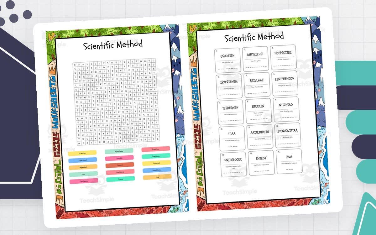 An educational teaching resource from Lapiiin Art Activities entitled Scientific Method word search, scramble and crossword puzzle downloadable at Teach Simple.