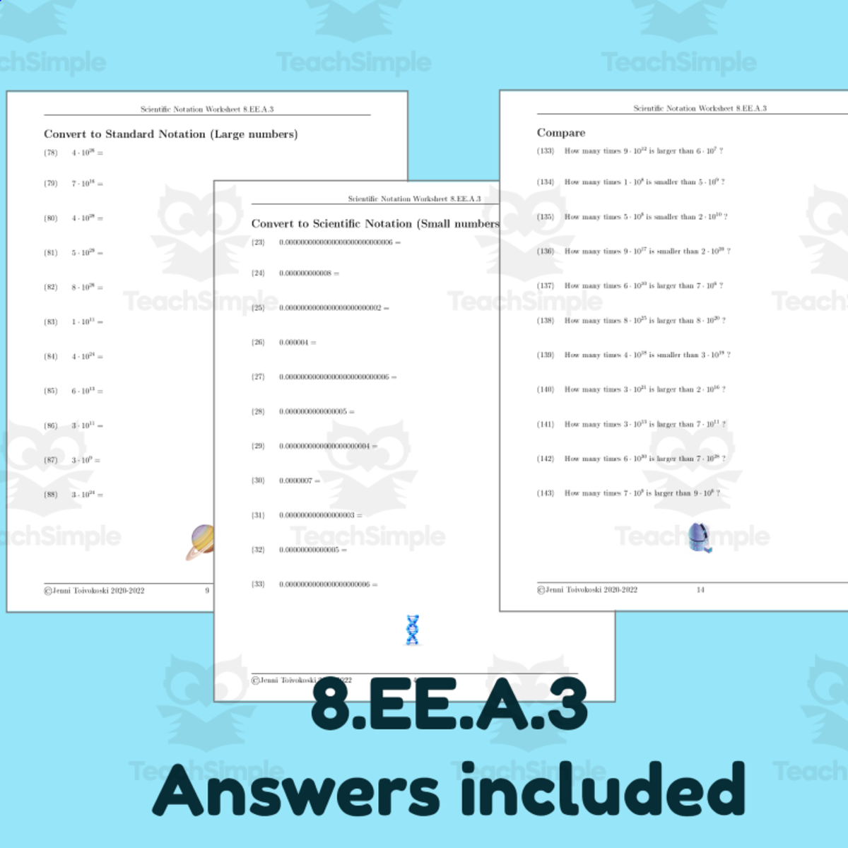 An educational teaching resource from TheBrightestKid entitled Scientific Notation Worksheet for 8.EE.A.3 downloadable at Teach Simple.
